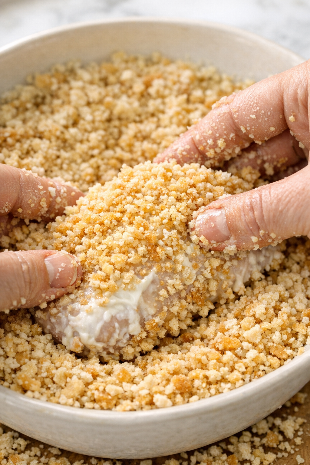 Chicken pieces being coated in crushed Ritz-style cracker crumbs