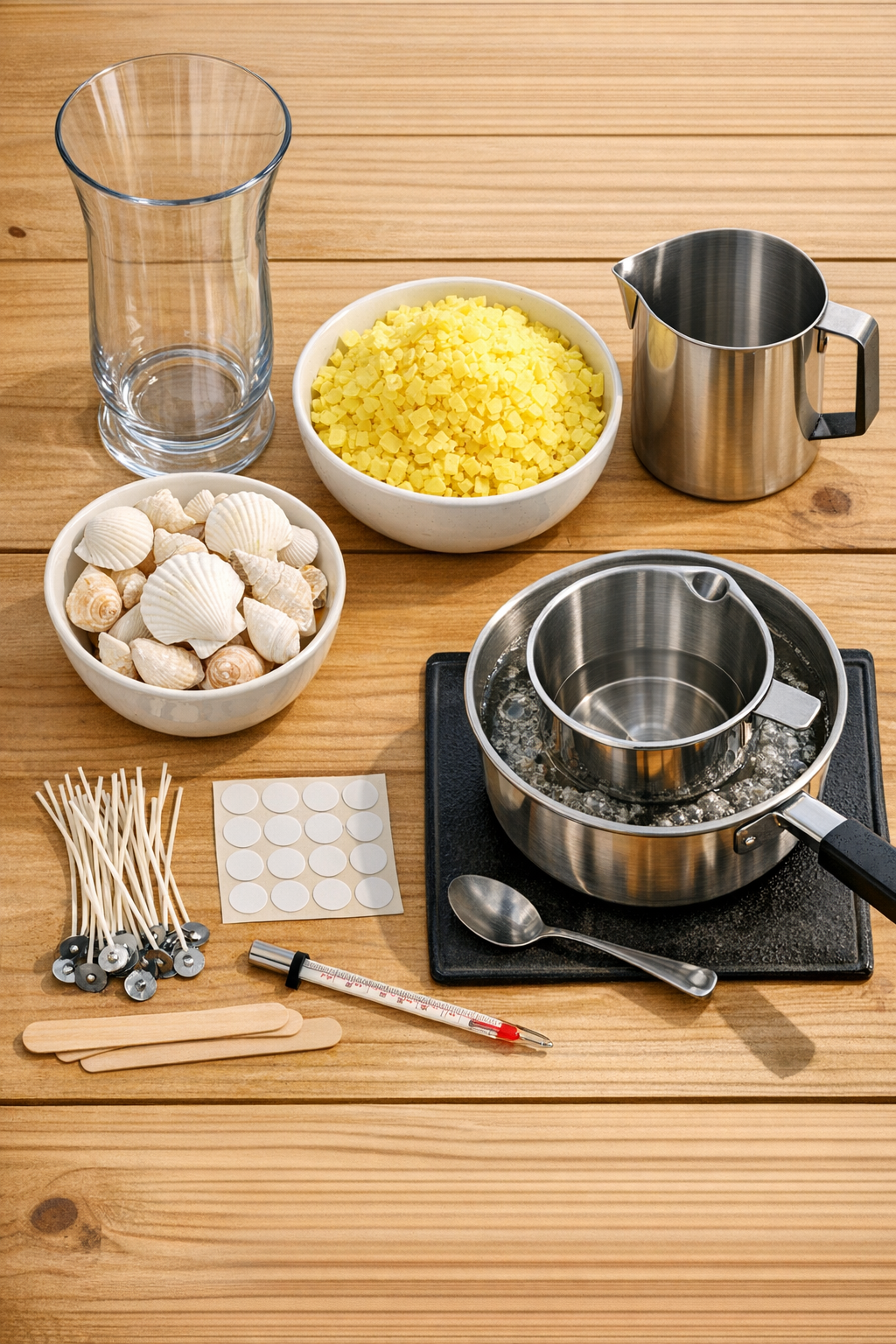 Materials for a shell and citronella hurricane vase centerpiece laid out on a table