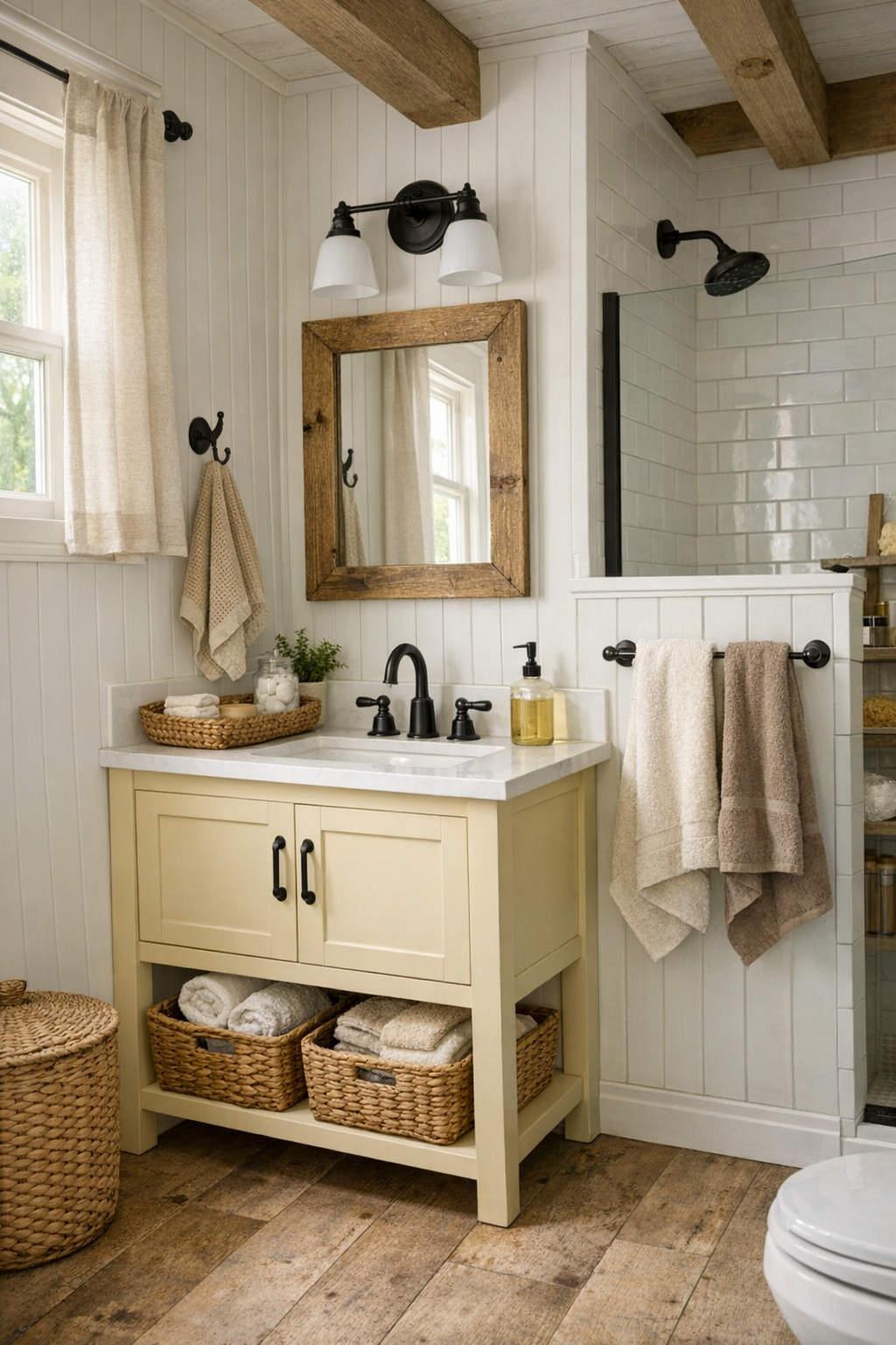 Fresh farmhouse bathroom with beadboard walls, a painted vanity, and simple black iron fixtures