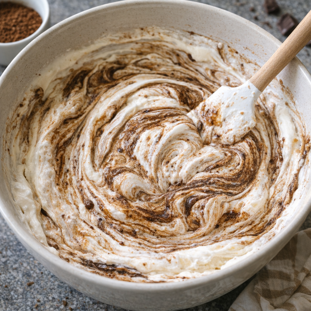 Marbled coffee chocolate fluff being folded together