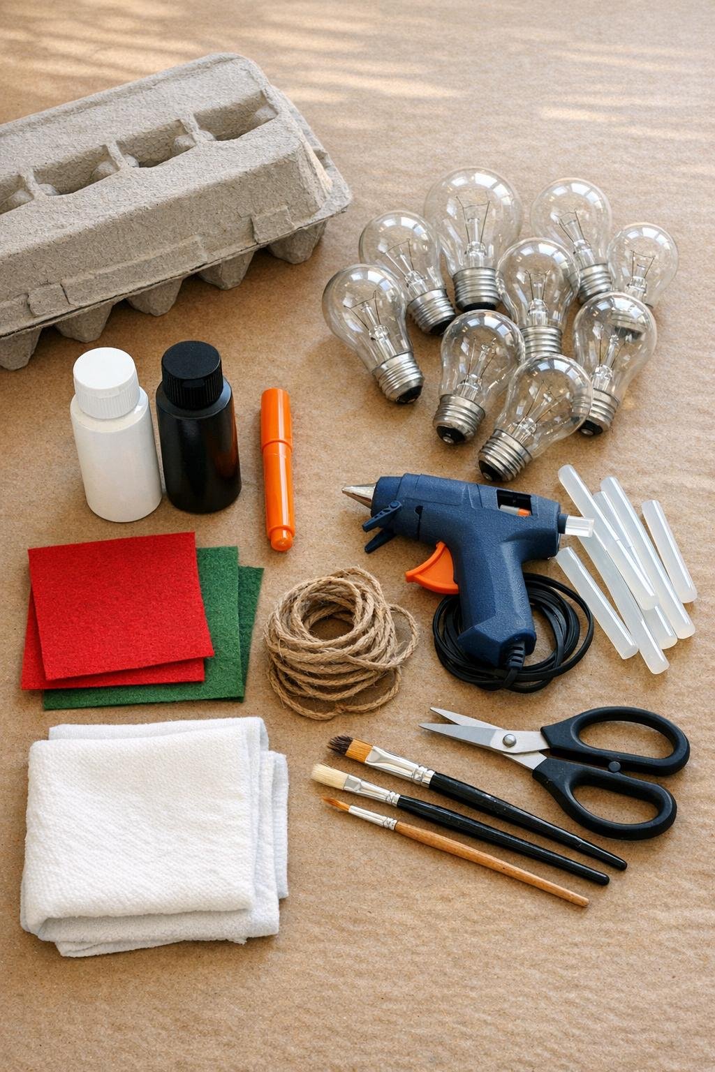 Light bulbs, paint, felt, twine, and basic craft supplies laid out for ornament making