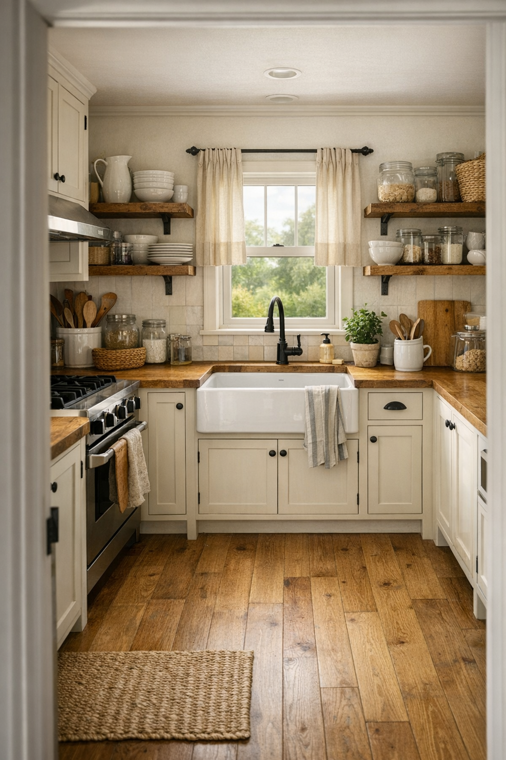 Handcrafted tiny farmhouse kitchen with cream cabinets, butcher block counters, and an apron-front sink