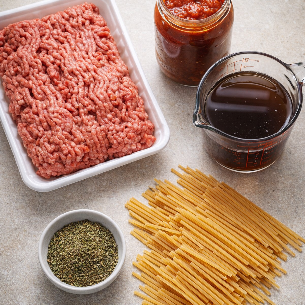 Five simple spaghetti ingredients laid out on a counter