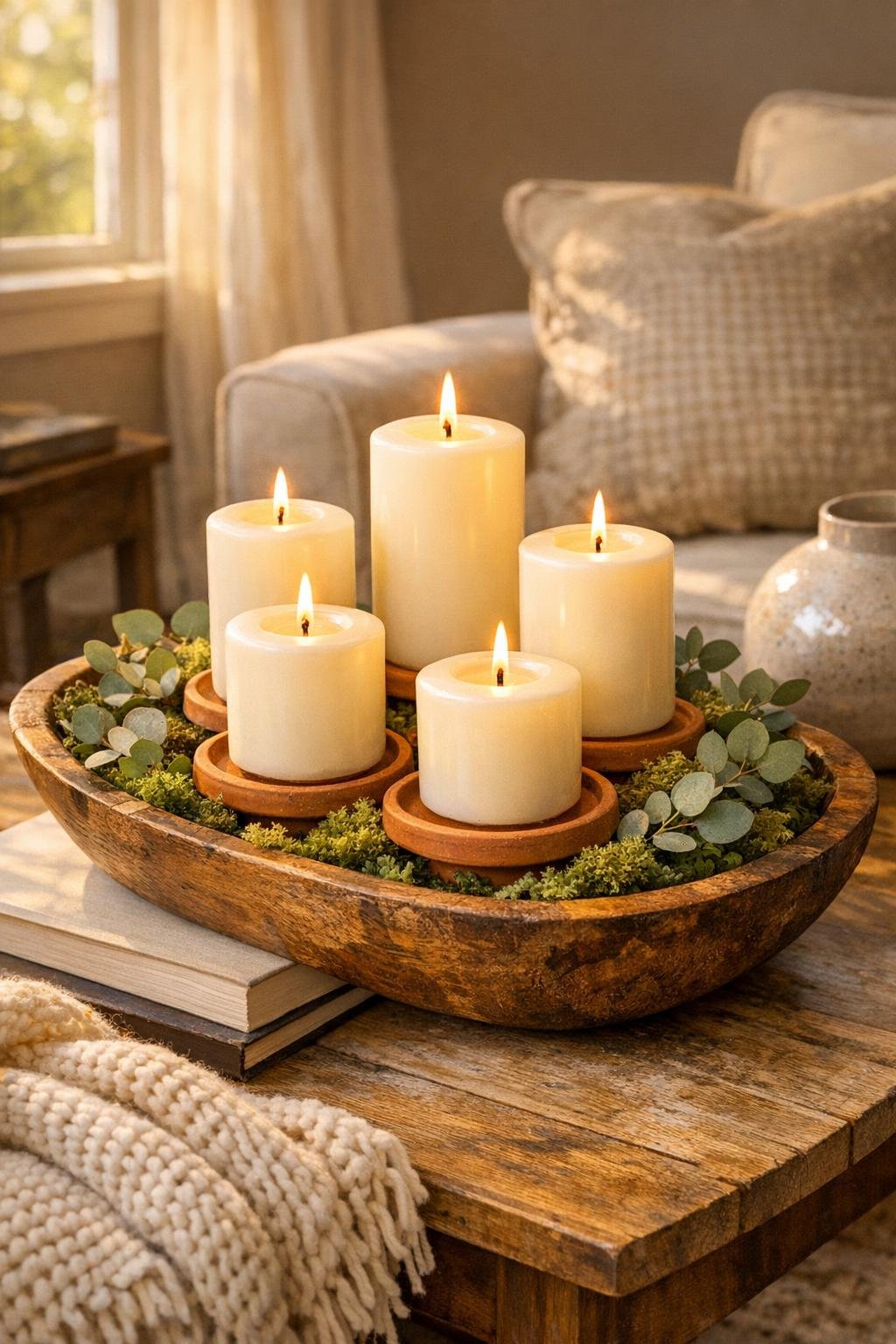 Finished candle cluster tray in a wooden dough bowl