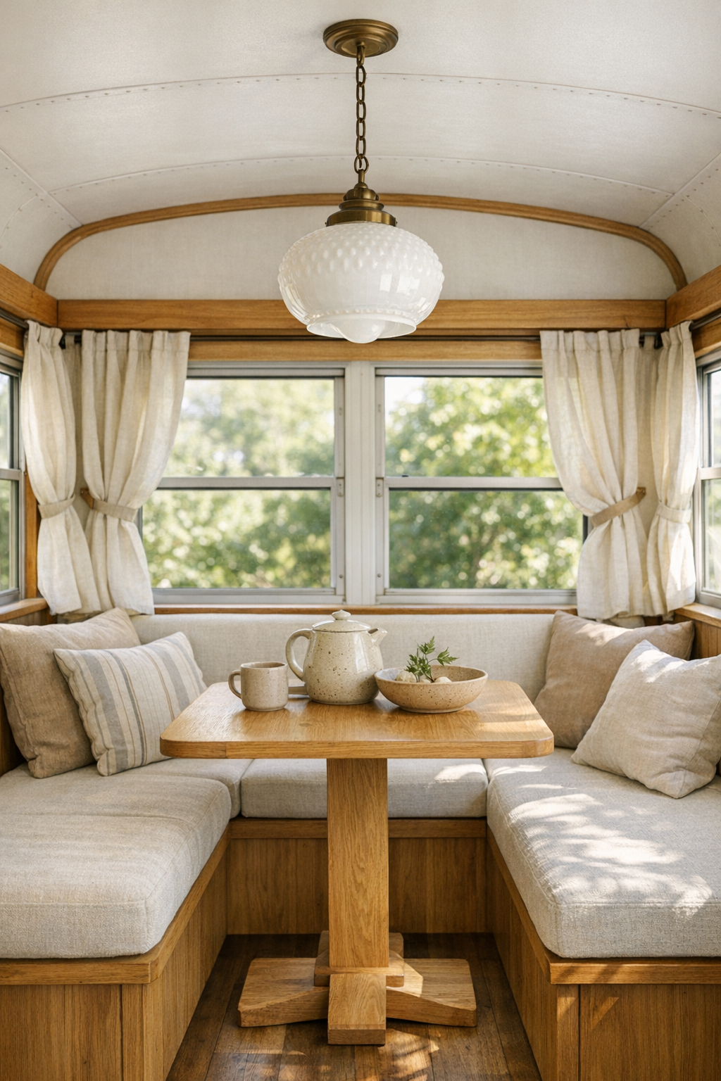 Small dining nook in a converted bus with banquette seating and light oak pedestal table