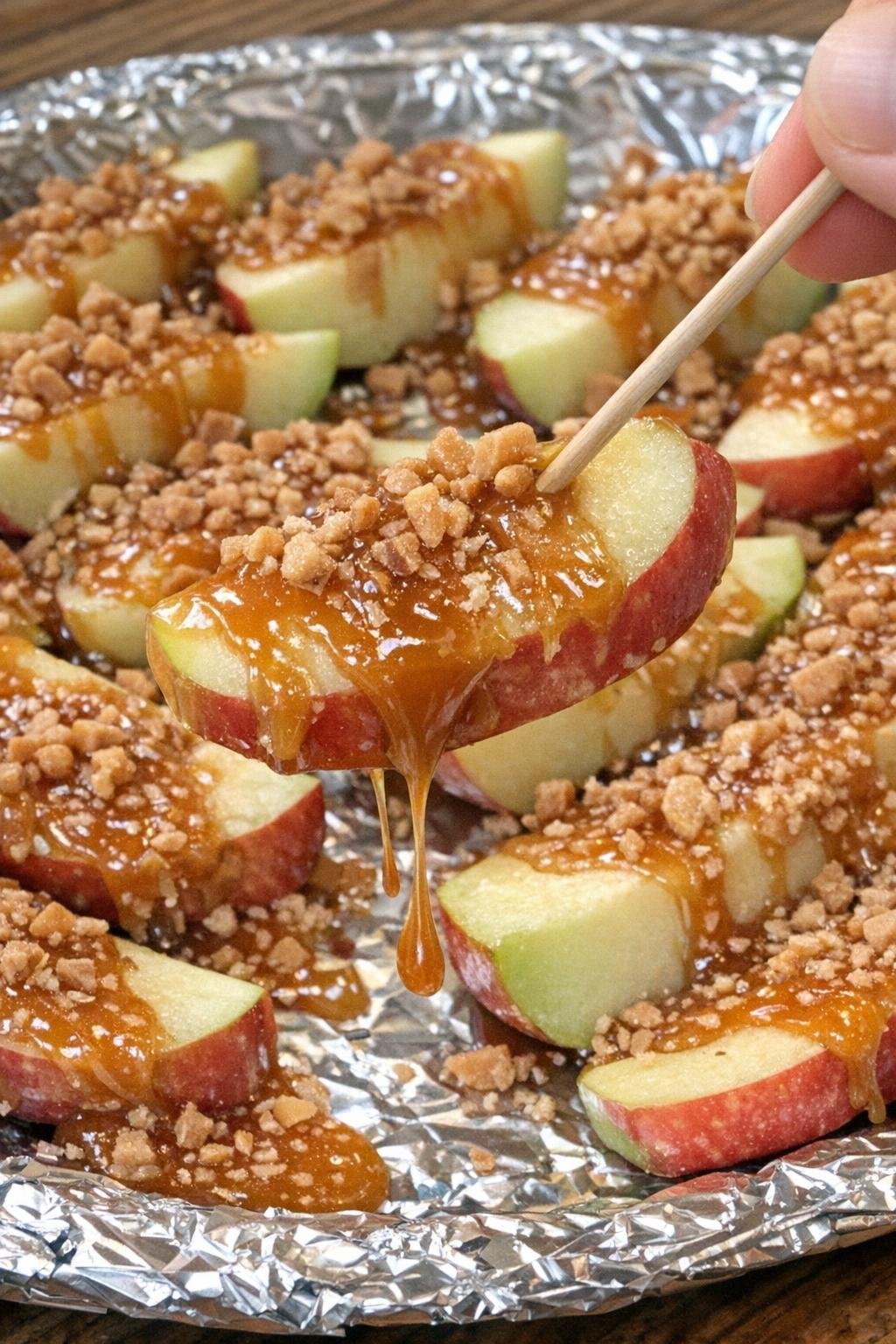 Caramel apple slices on a foil-lined platter
