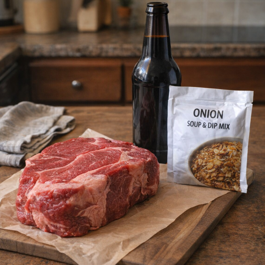 Three simple ingredients for dark beer beef roast on a kitchen counter