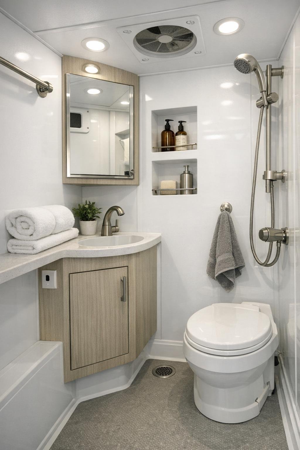 Compact camper bathroom with clean white finishes and small vanity