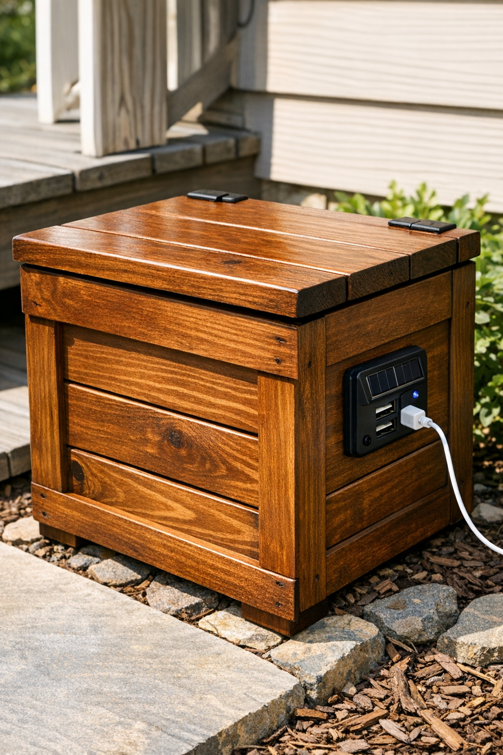 Finished outdoor wooden crate charging station with solar USB port