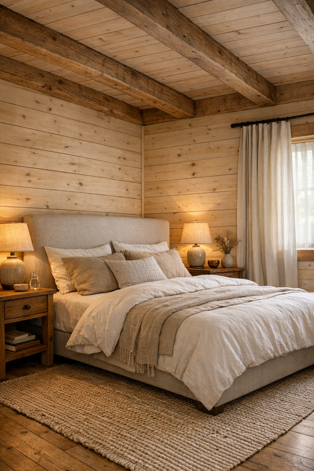 Bedroom with soft log walls, a linen upholstered bed, and layered neutral textiles