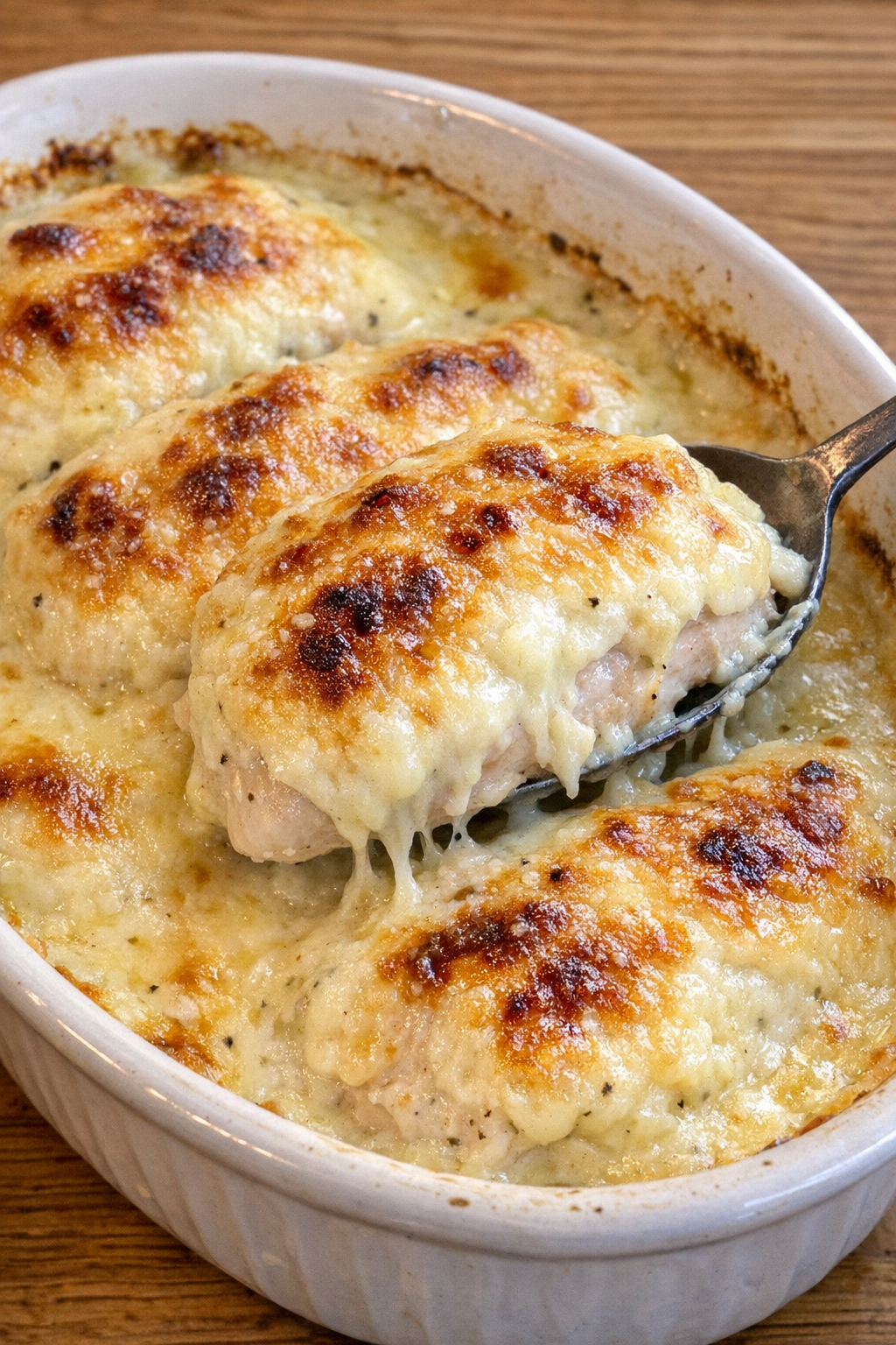 Golden bubbling chicken Mornay in casserole dish