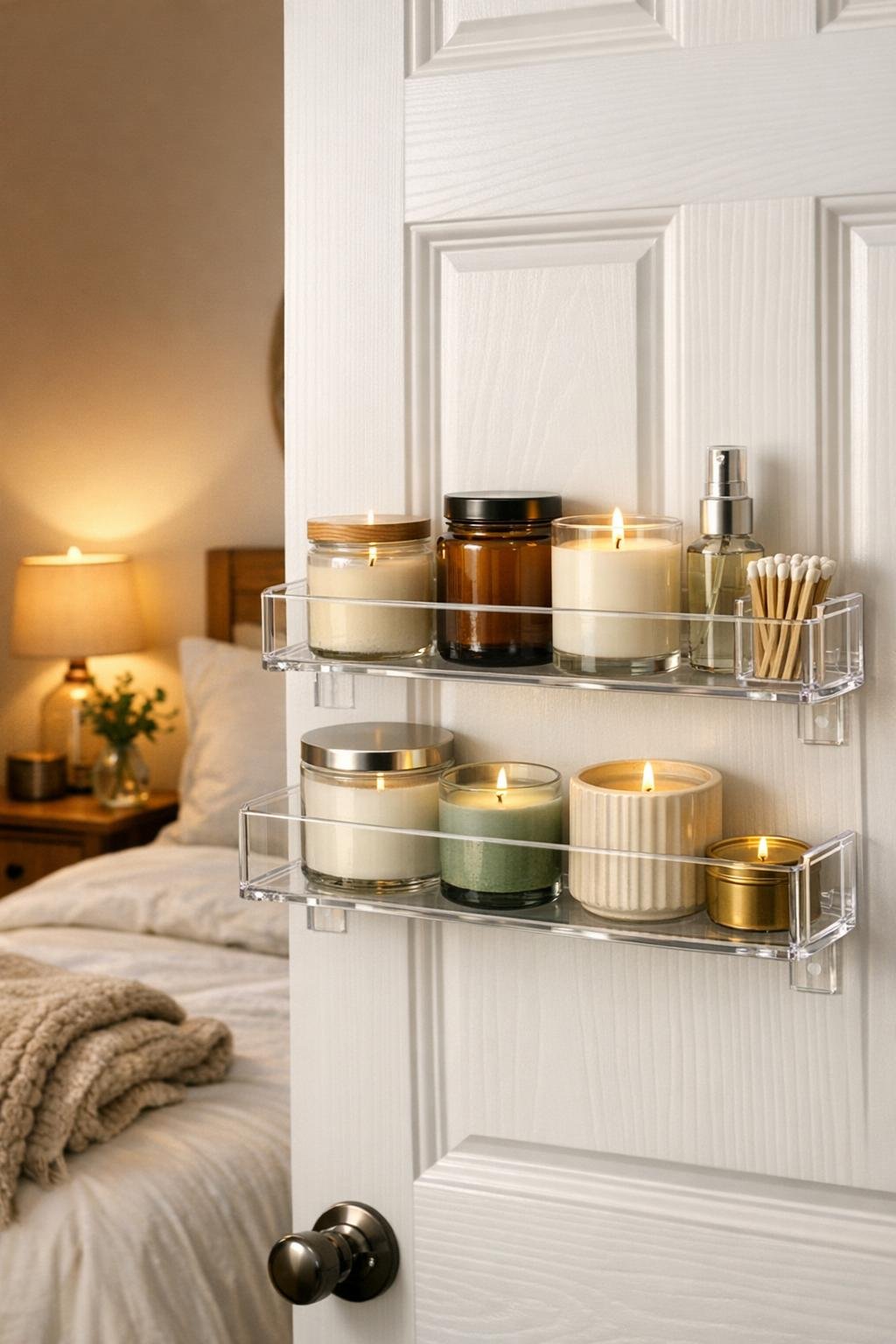 Finished bedroom candle shelf mounted inside a closet door