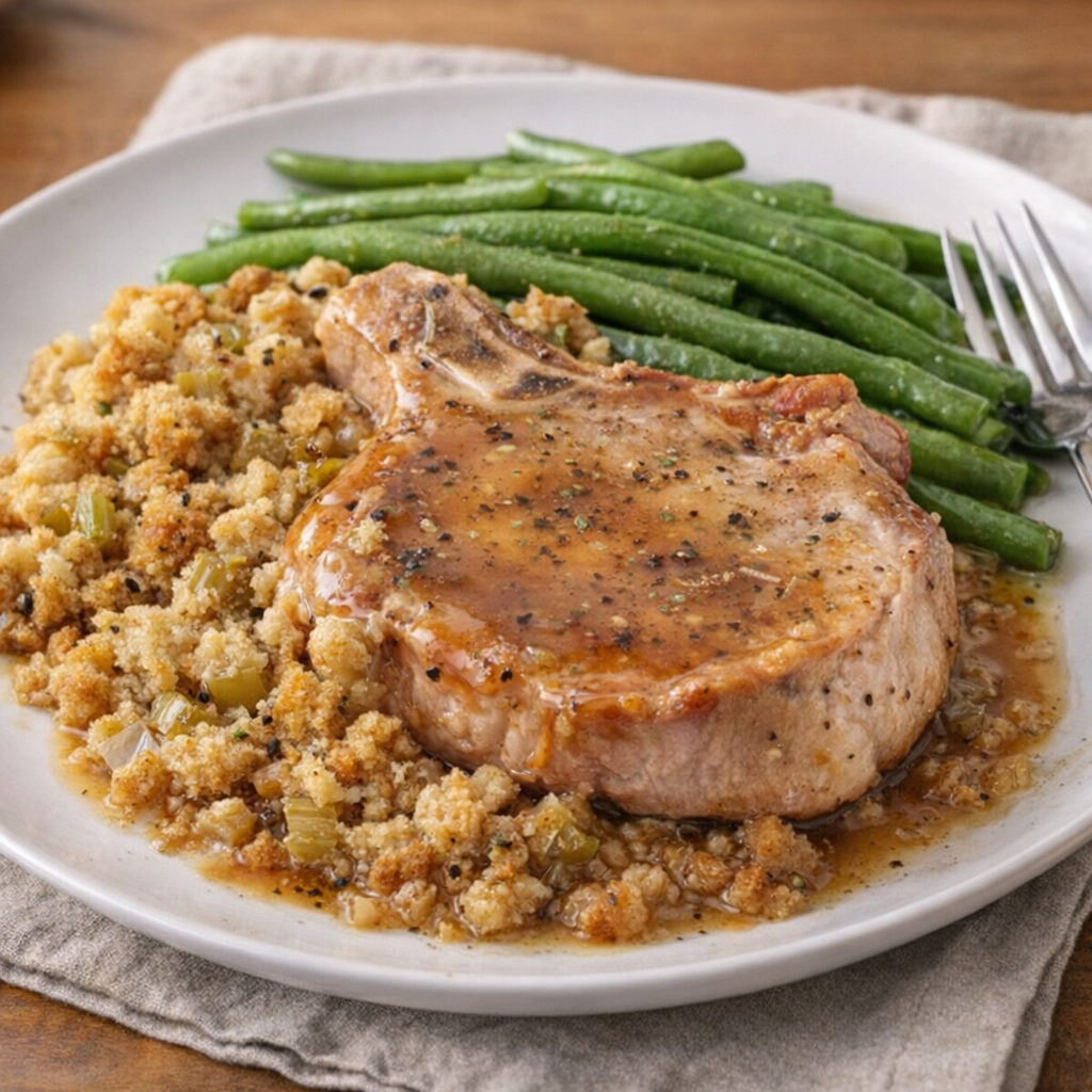 Weeknight plate with pork chops stuffing and green beans