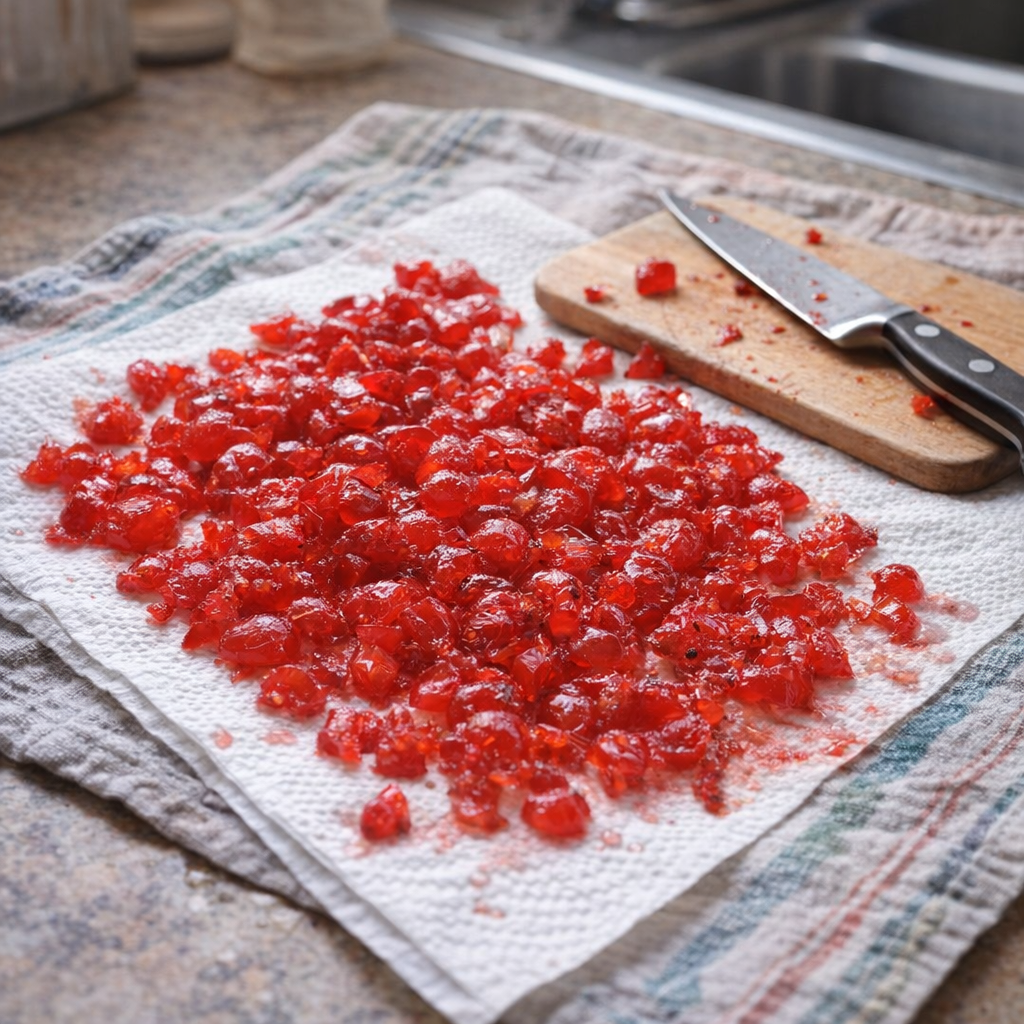 Chopped maraschino cherries drying on kitchen towels
