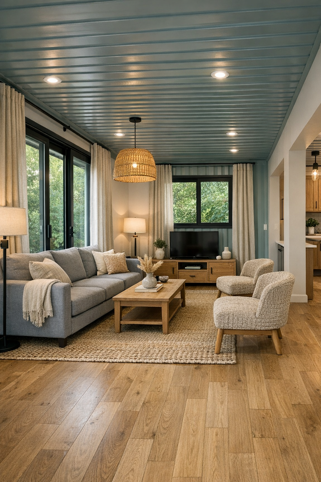 Accessible modern living room with muted teal accents, oak floors, and soft gray seating