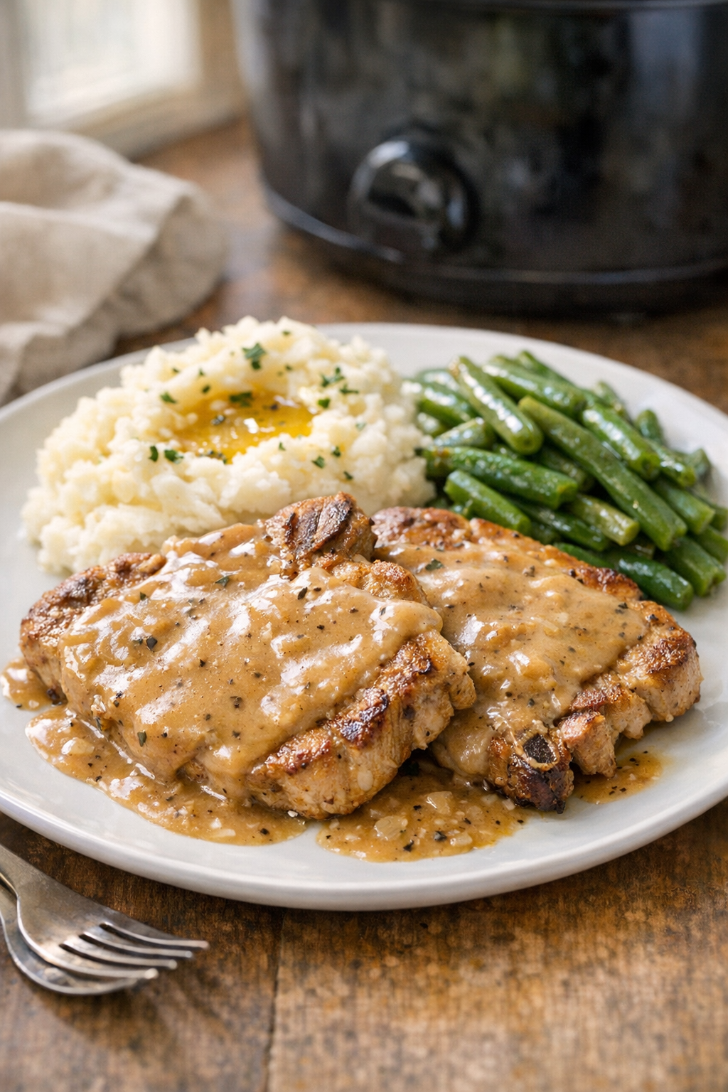 Finished slow cooker pork chops plated with gravy