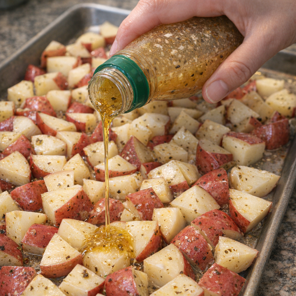 Italian dressing being poured over cubed red potatoes on a baking sheet