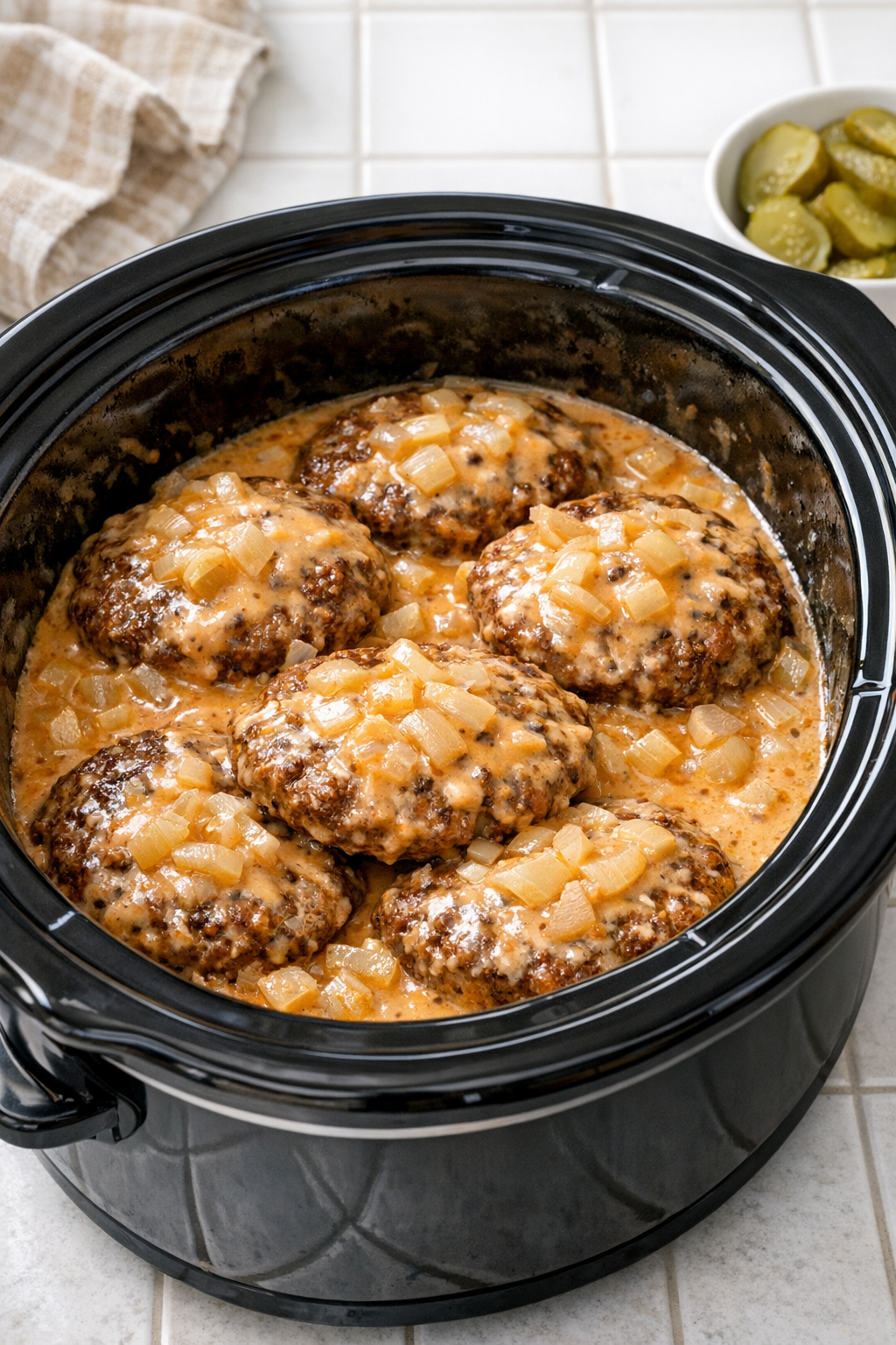Cooked burger patties in sauce inside the slow cooker