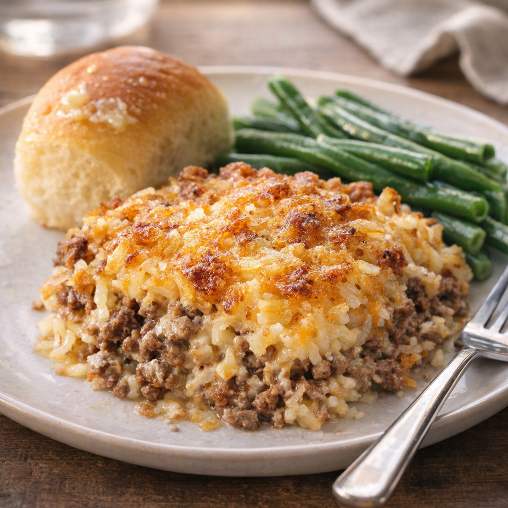 A plated serving of casserole with green beans and dinner roll