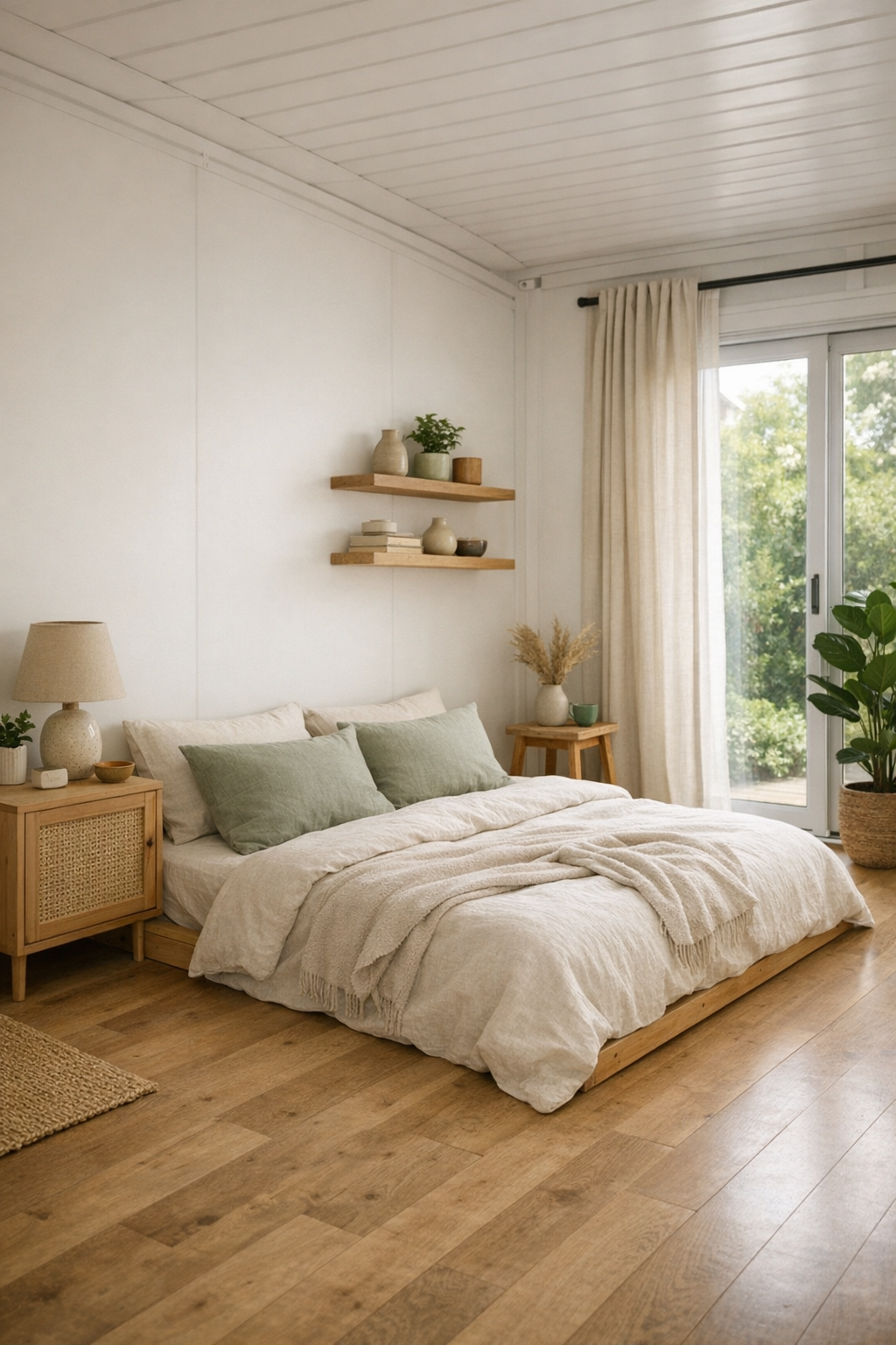 Calm bedroom with warm white walls, natural wood, and muted green accents