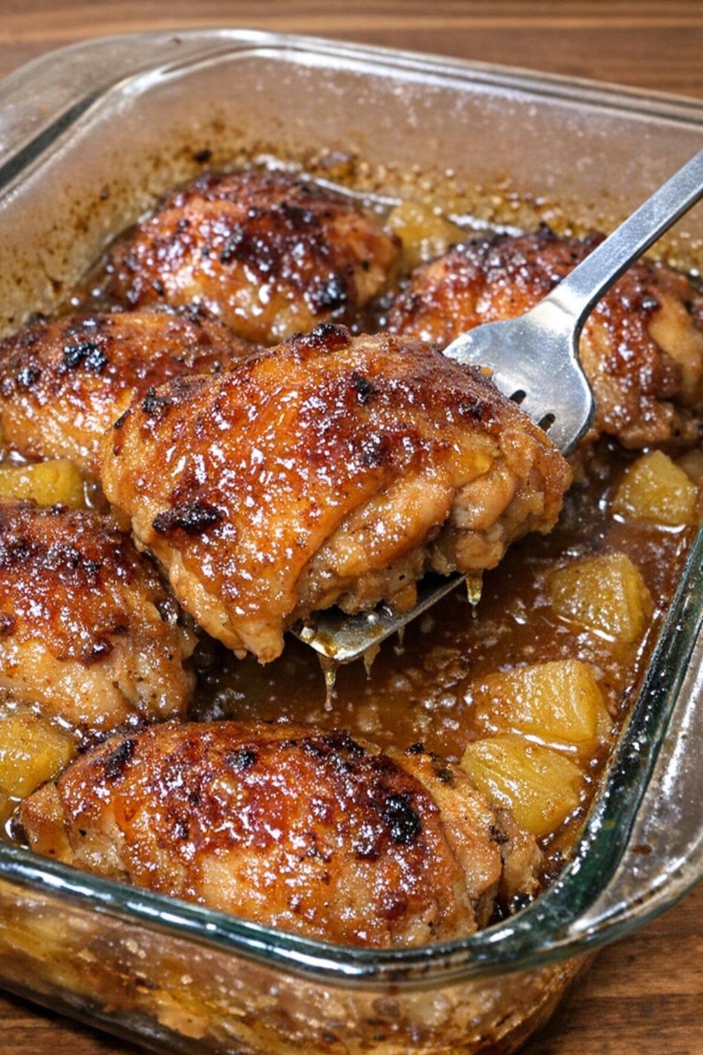 Caramelized chicken thighs glazed with pineapple sauce in a rectangular baking dish