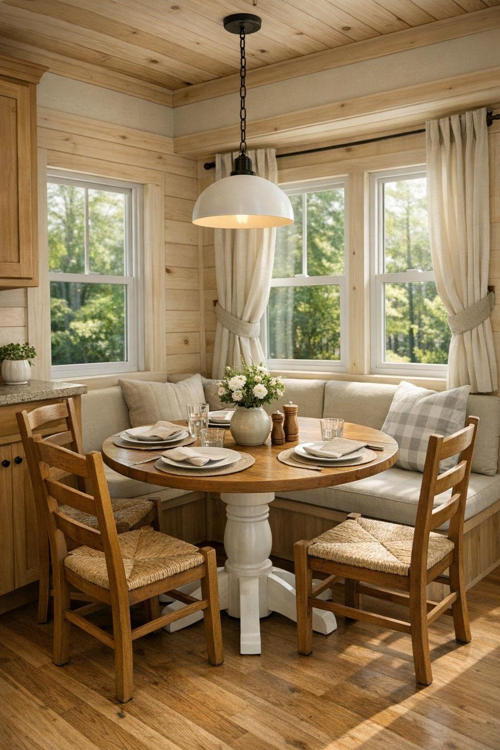 Small charming dining area with a round table, bench seating, and warm cottage details