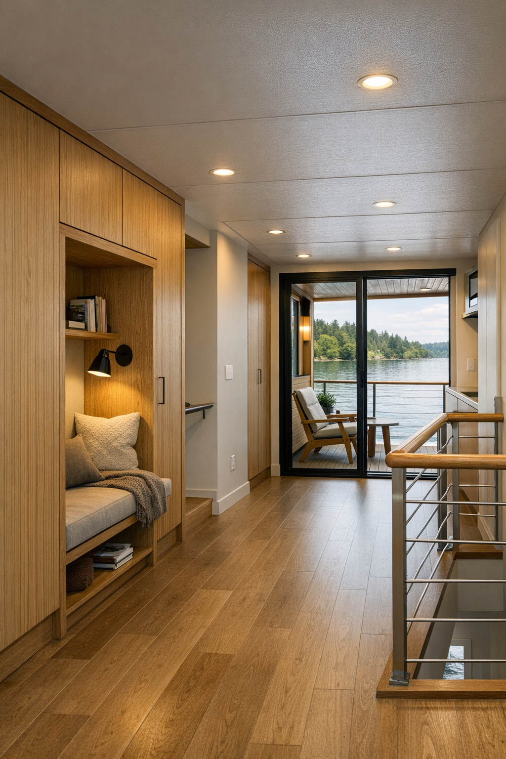 Houseboat hallway and deck transition with built-in storage, wide pathways, and warm modern finishes