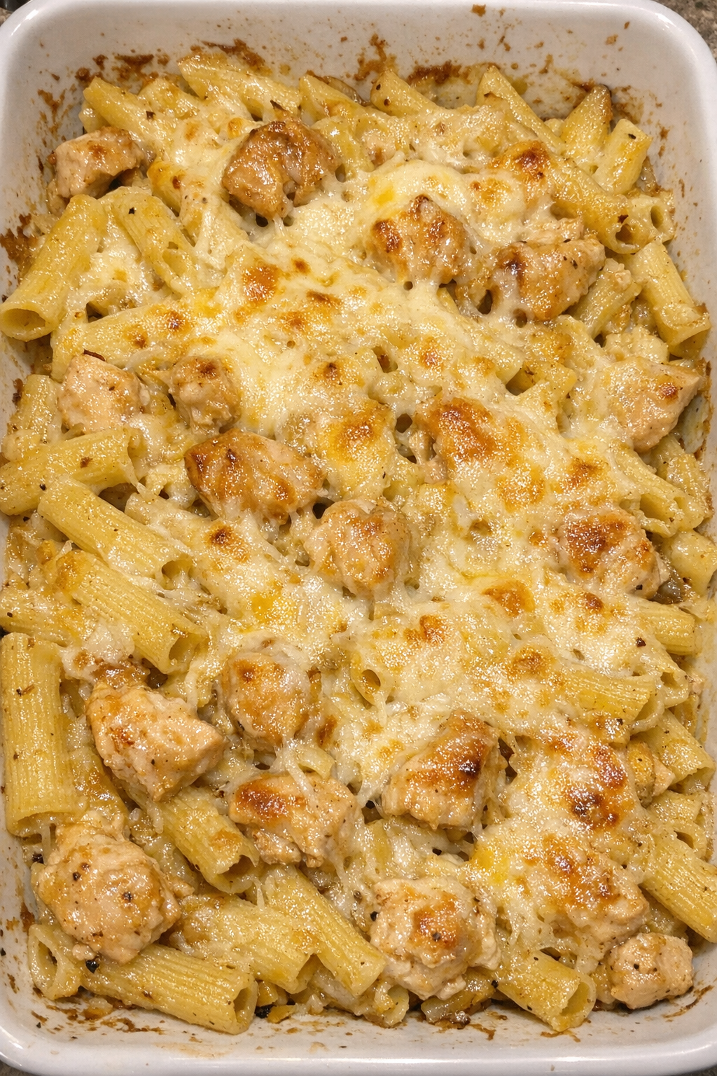 Golden baked honey mustard chicken ziti in a casserole dish