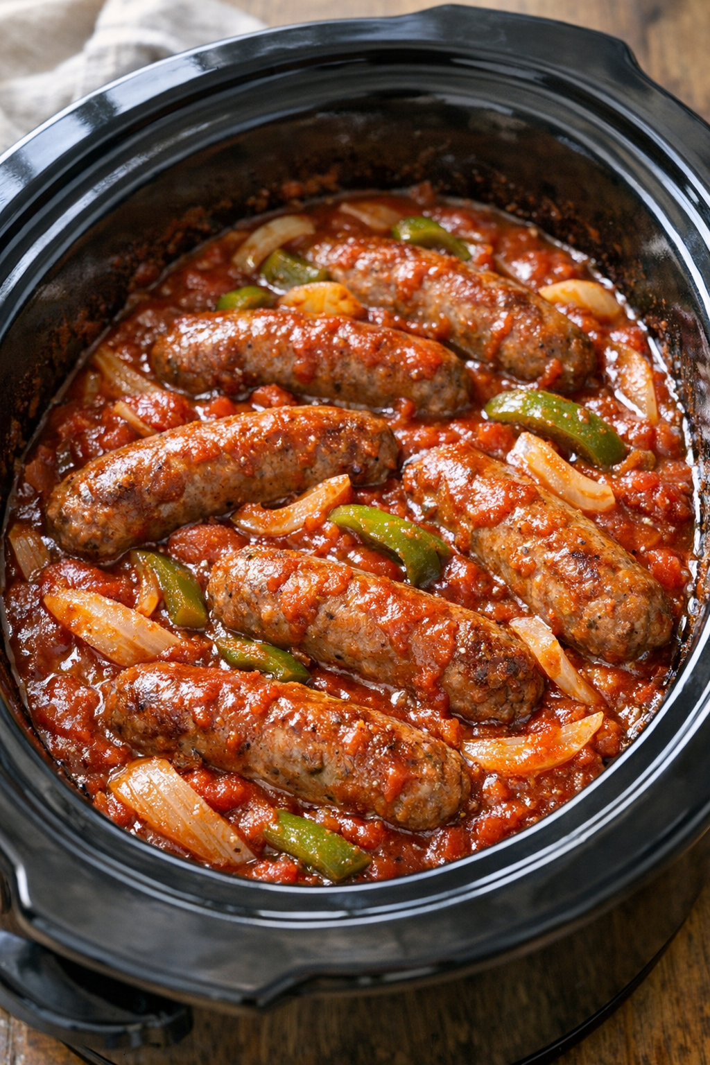 Fully cooked Italian sausages in rich tomato sauce in the slow cooker