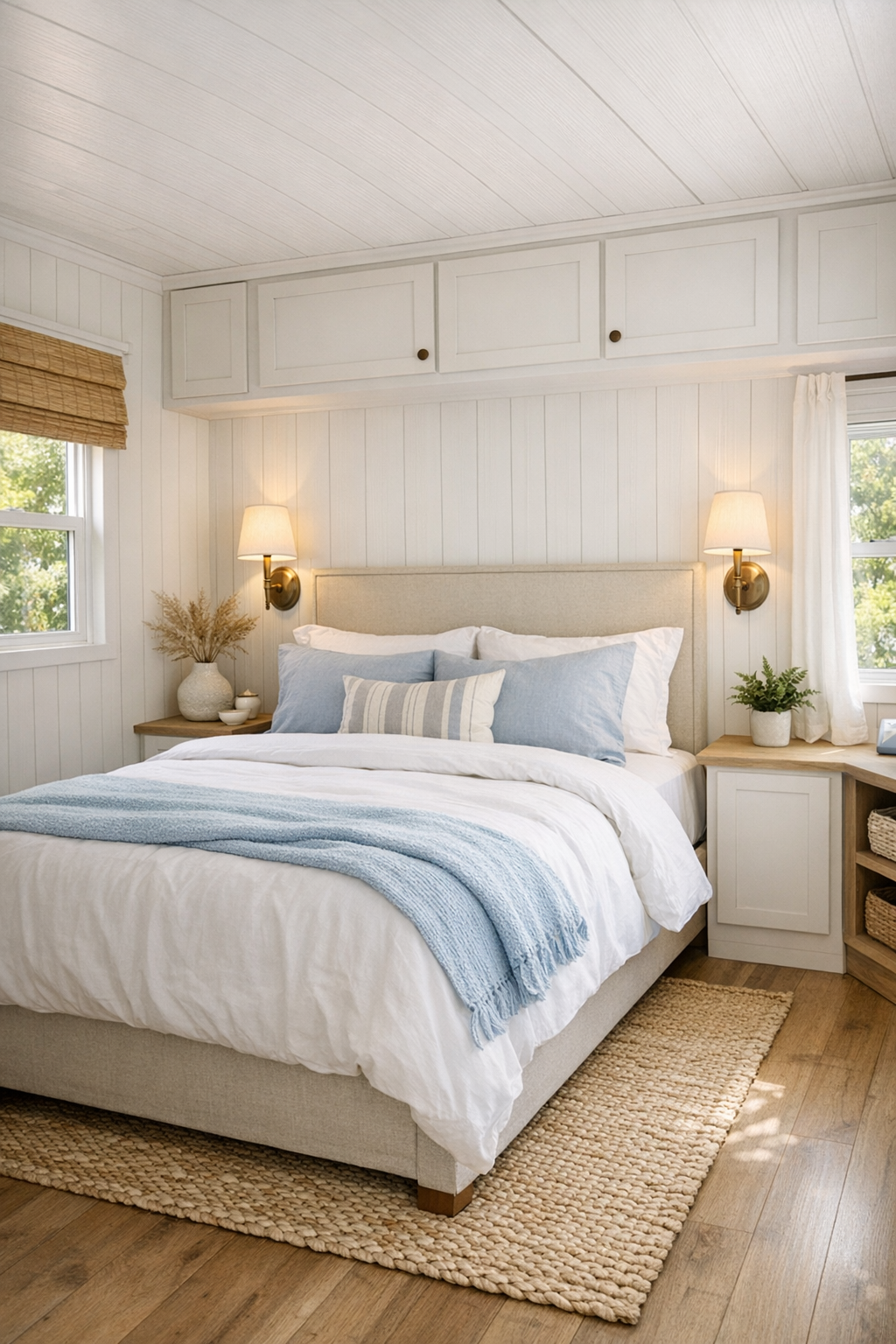 Serene coastal bedroom with soft blue linens and wall sconces