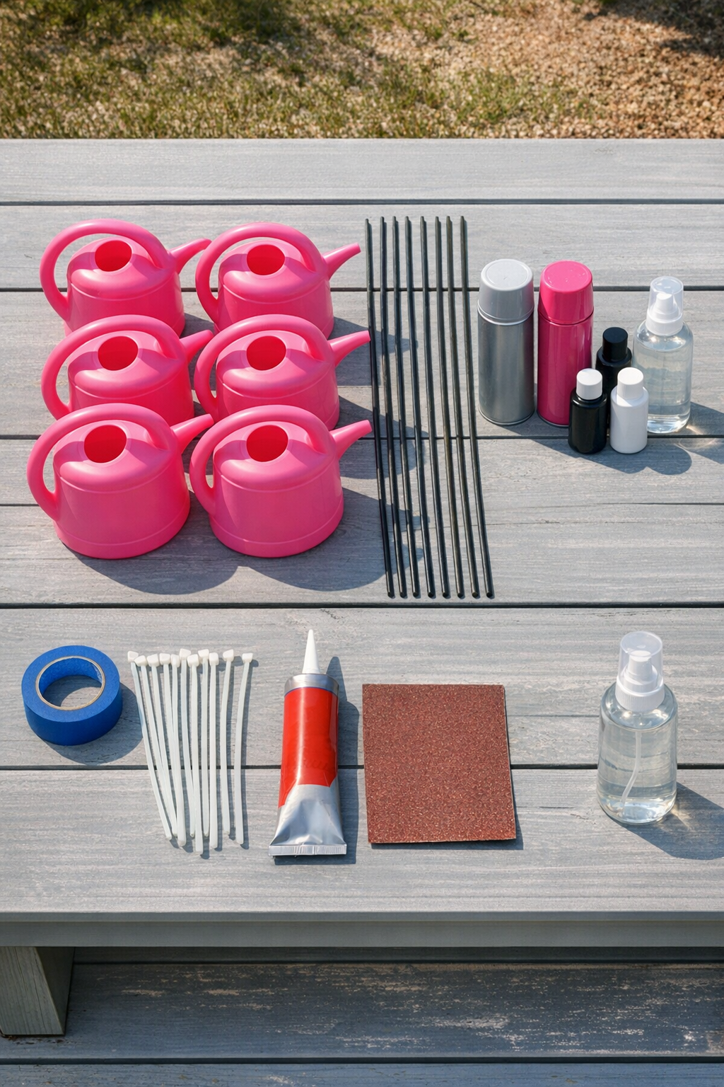 Materials for making giant backyard flamingos laid out on a work surface