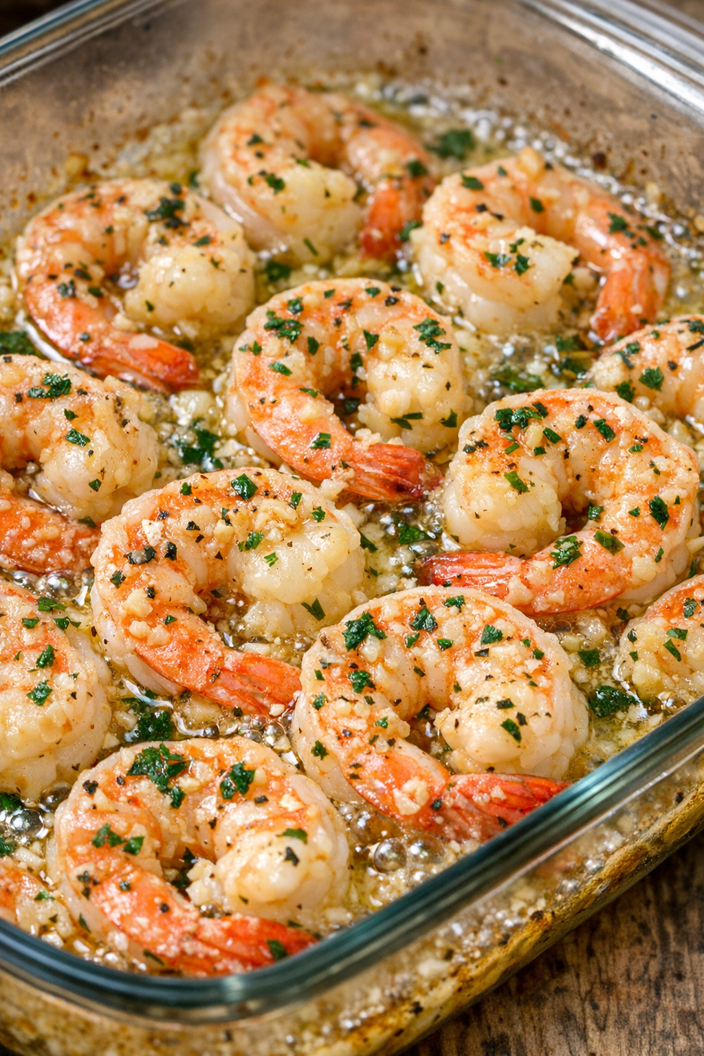 Low carb 4-ingredient garlic shrimp bakes in a glass baking dish