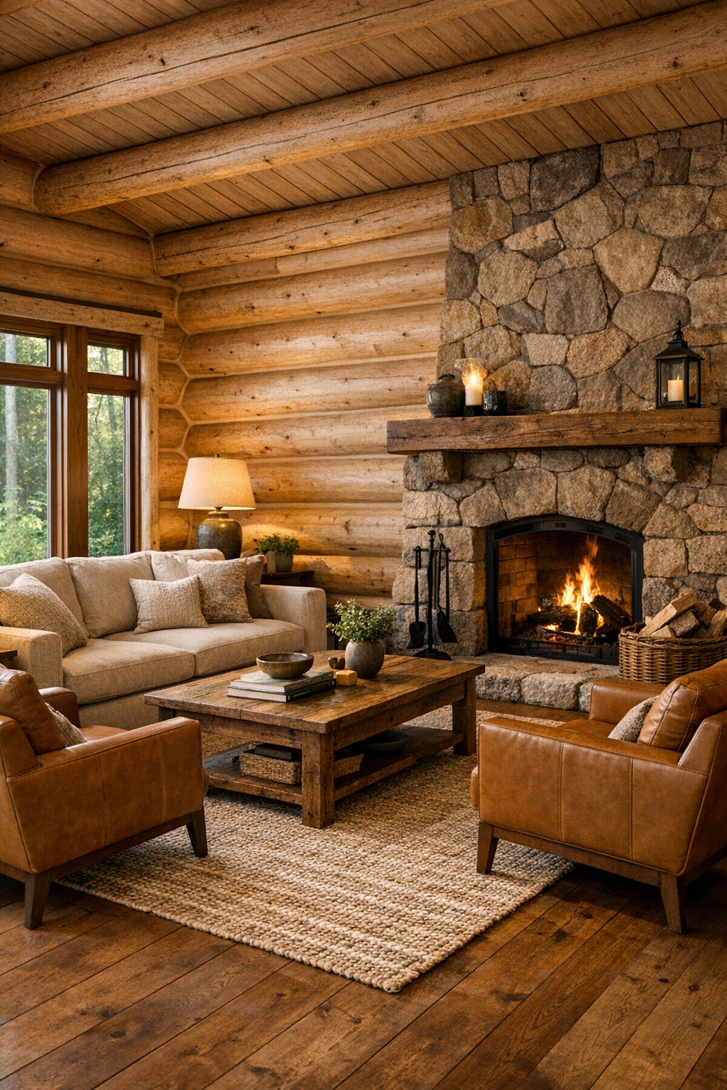 Bright living room with champagne-toned log walls, stone fireplace, and soft neutral furnishings