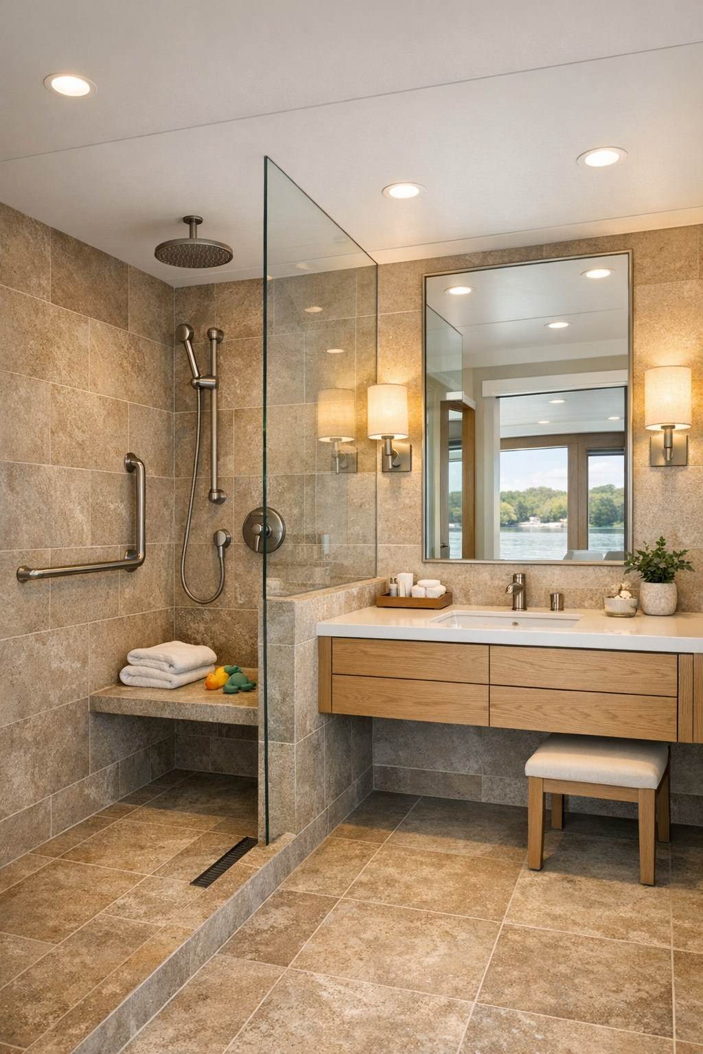 Warm accessible bathroom with curbless shower, floating oak vanity, stone-look tile, and soft natural light
