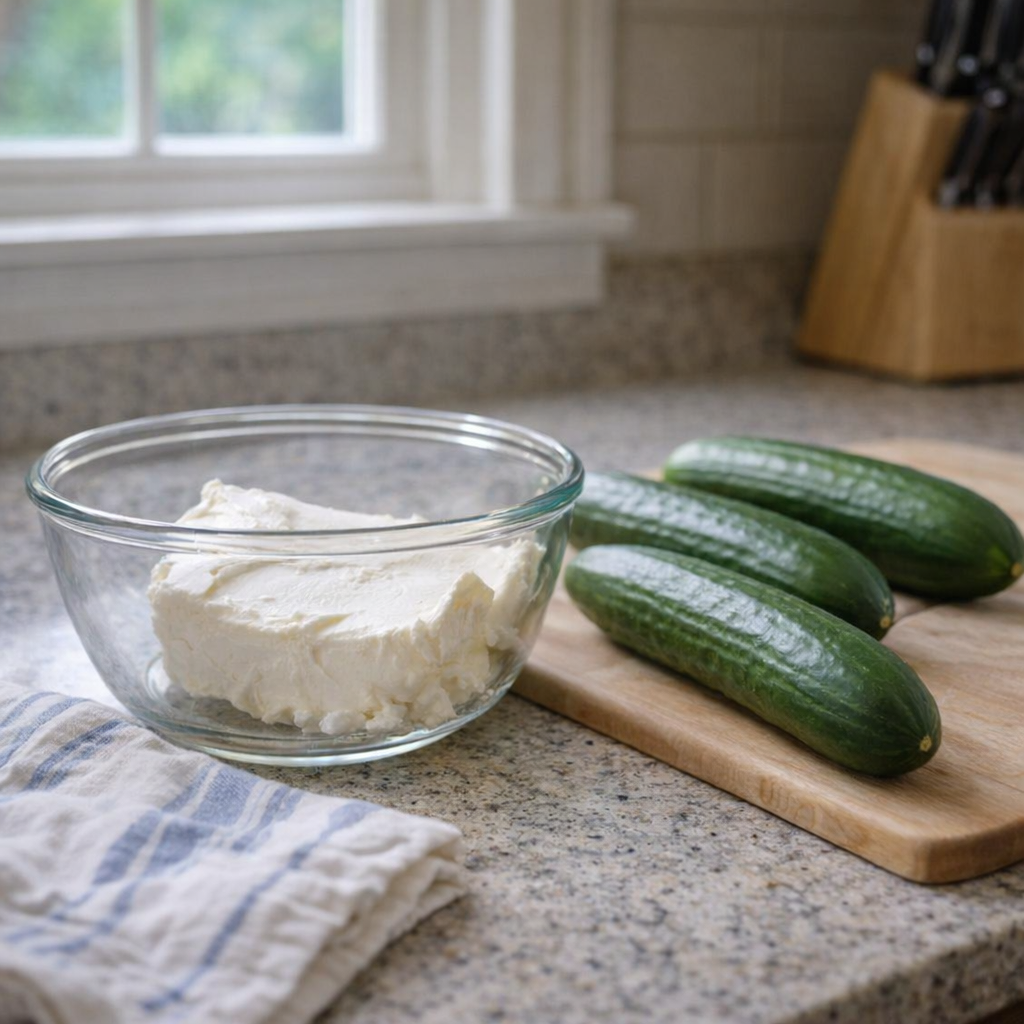 Softened cream cheese and cucumbers on a kitchen counter