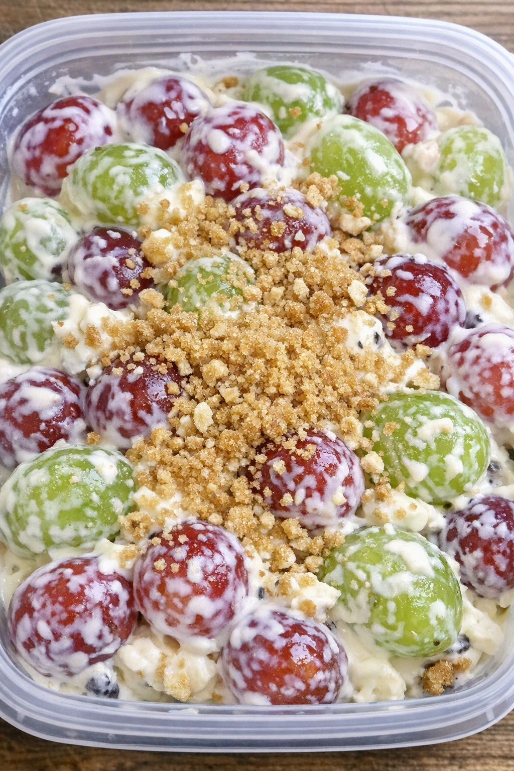 Finished grape salad in a plastic container