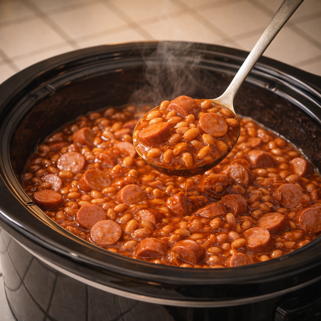 Finished beanie weenies served straight from the slow cooker