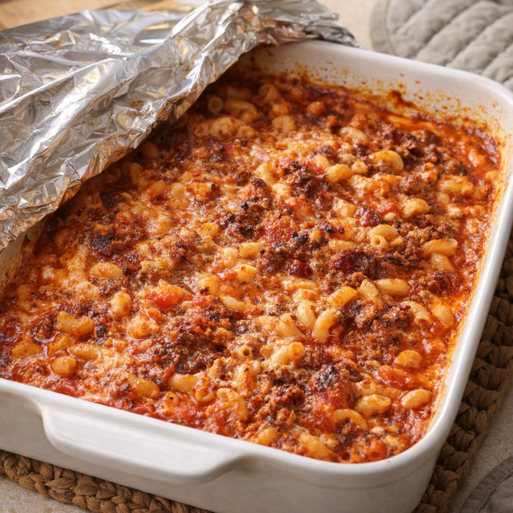 Baked goulash just out of the oven with bubbling edges