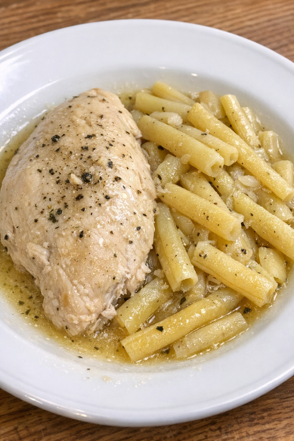 Slow cooker chicken and wax beans plated on a white ceramic plate