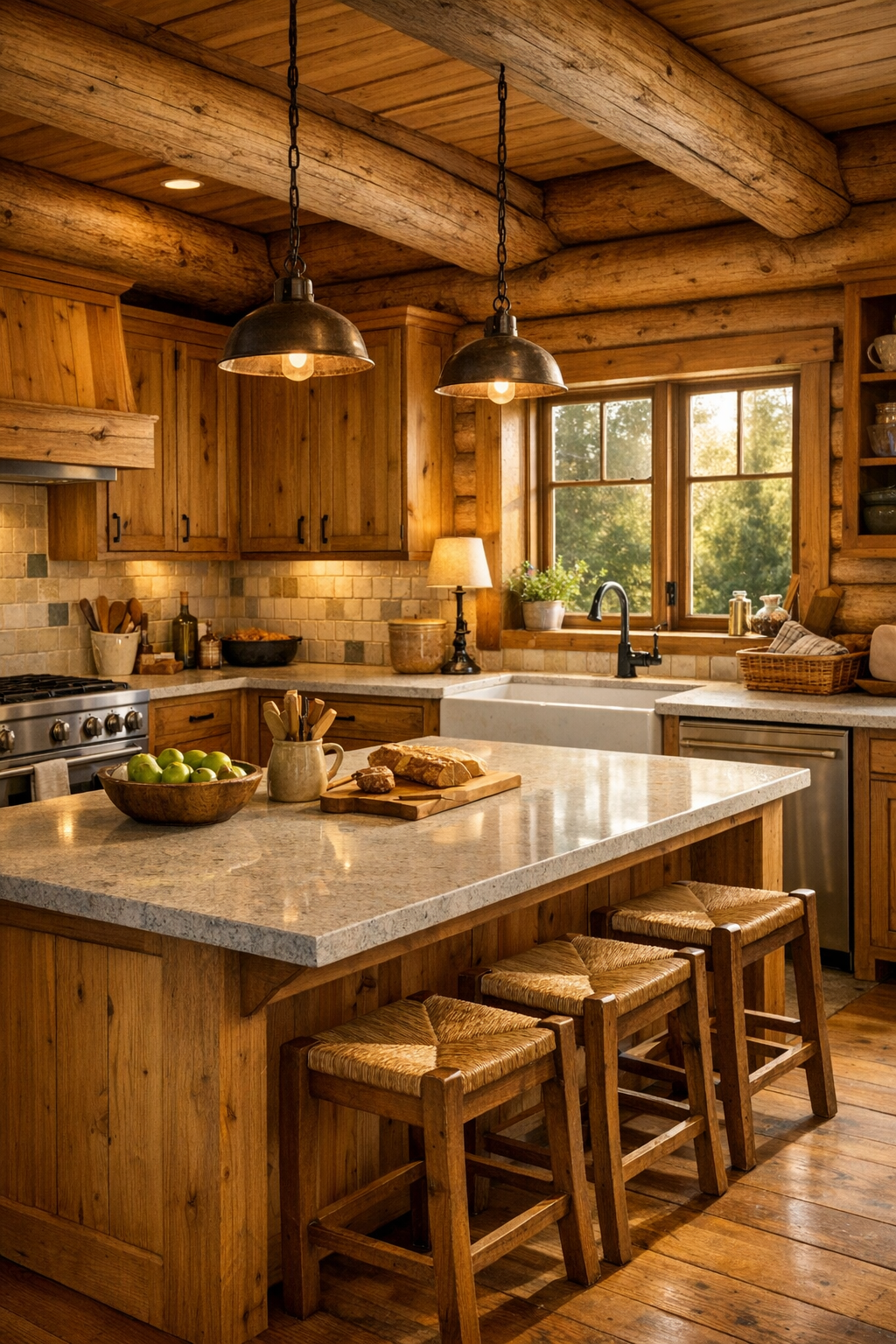 Warm log home kitchen with wood cabinetry, stone counters, farmhouse sink, and a central island