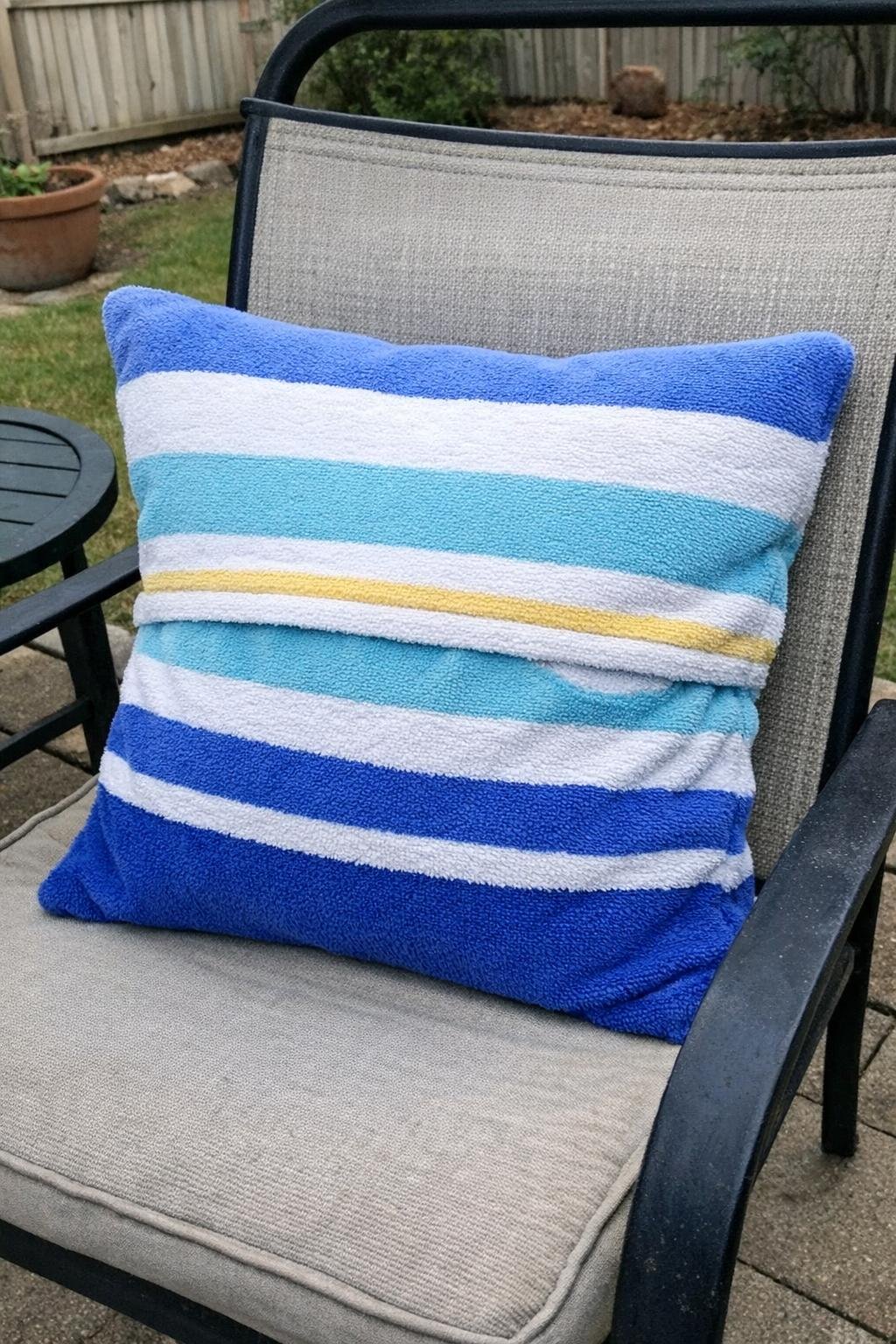 Striped outdoor pillow cover sewn from a towel