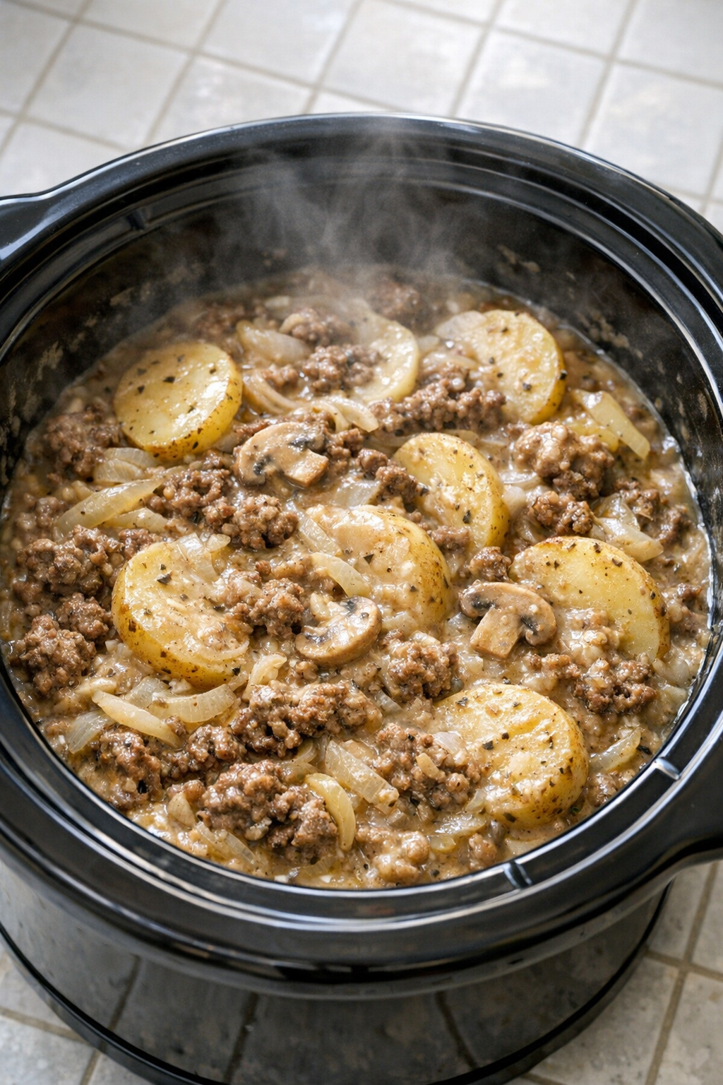 Cooked creamy beef and potatoes in the slow cooker