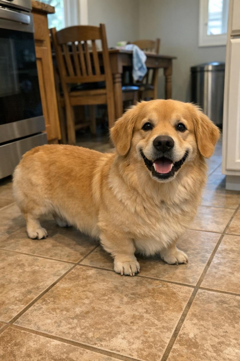 A golden dog with a retriever face and a long low body standing on a kitchen floor
