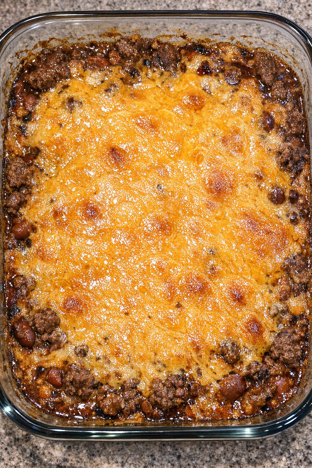 Bubbling beef chili cheese dip fresh from the oven