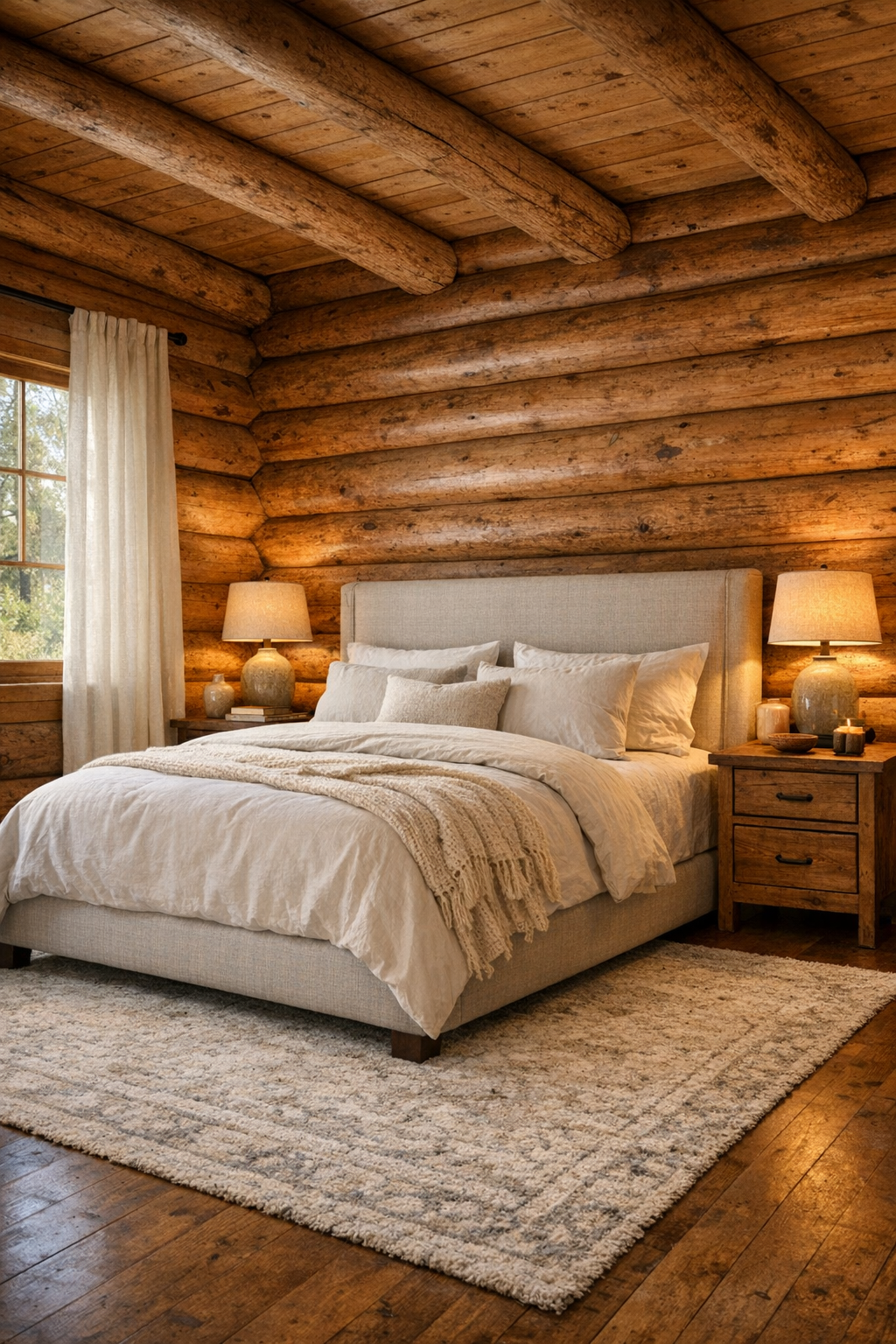 Bedroom with log walls, upholstered bed, layered neutral textiles, and handcrafted wood furniture
