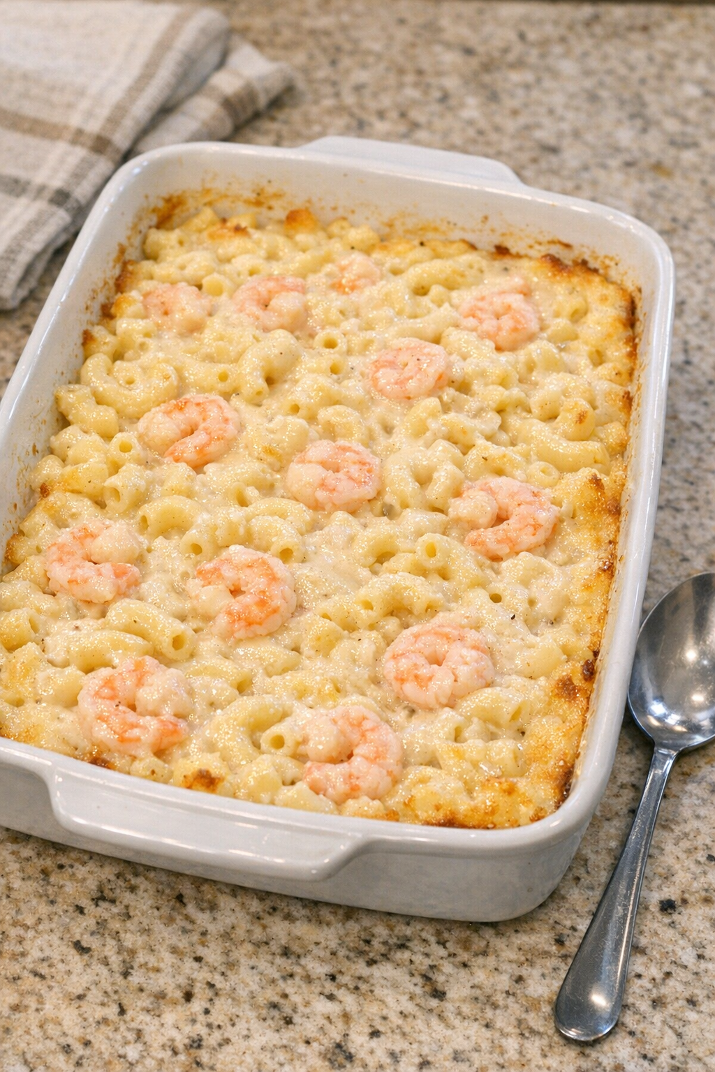 Finished baked creamy shrimp macaroni in a casserole dish