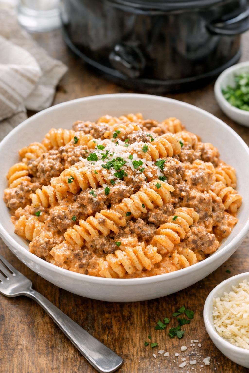 Creamy ground beef pasta plated in a bowl