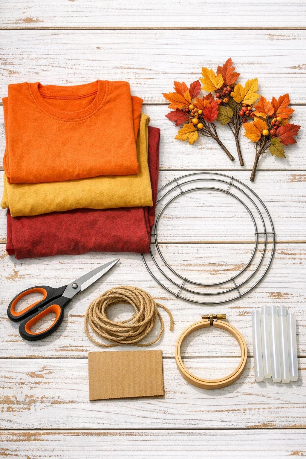 Old cotton t-shirts and craft supplies laid out for an autumn door hanging
