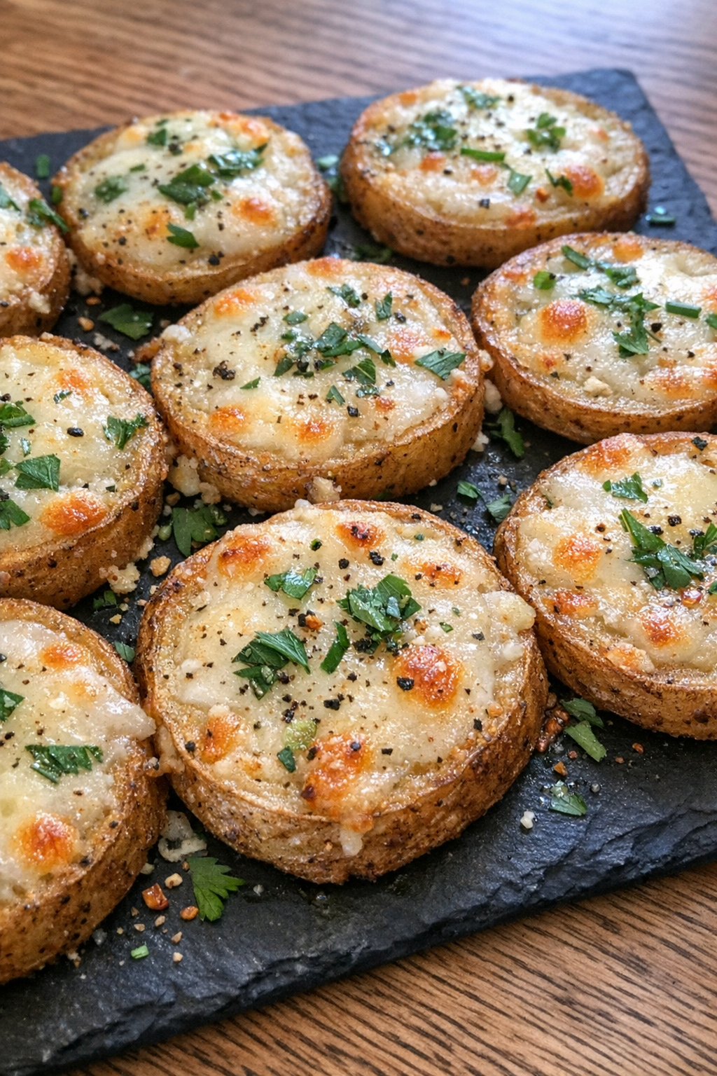 Golden crispy potato rounds topped with melted provolone and fresh herbs
