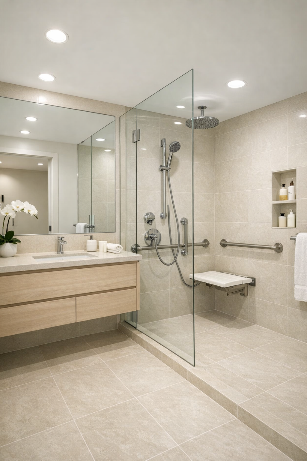 Curbless accessible bathroom with warm ivory tile and pale wood vanity